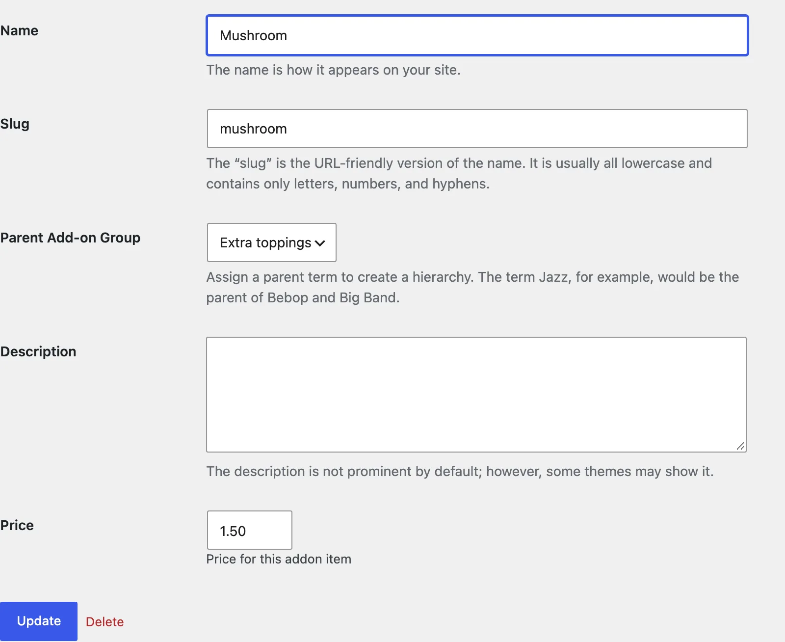 Editing an add-on, with its parent group and price