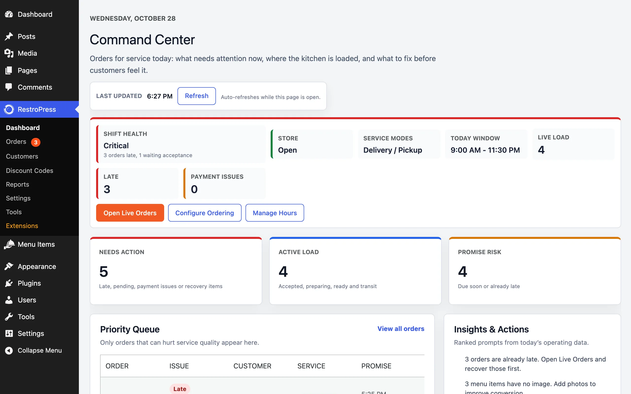 The Command Center dashboard with shift health, store status and the priority queue