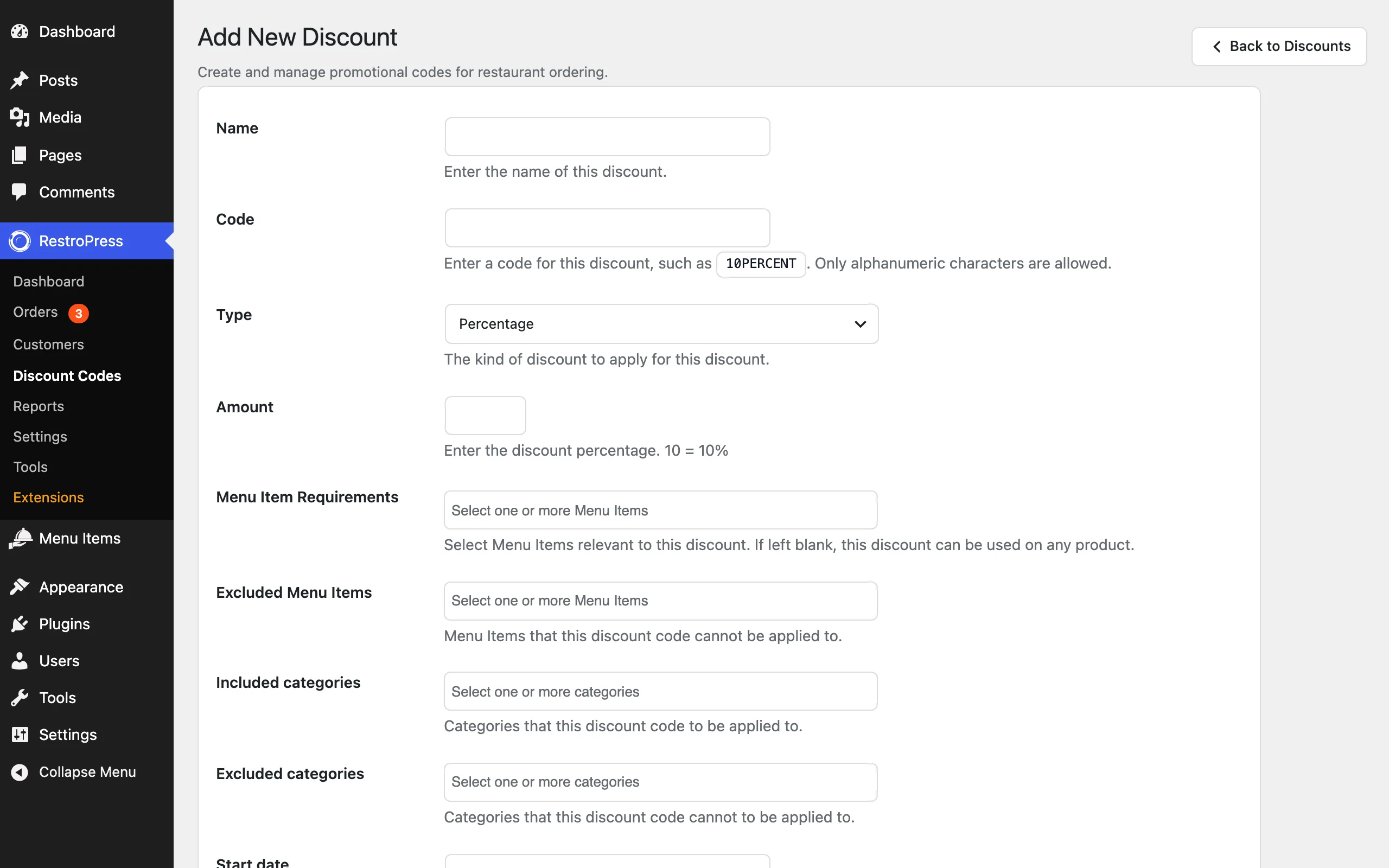 The Add New Discount form
