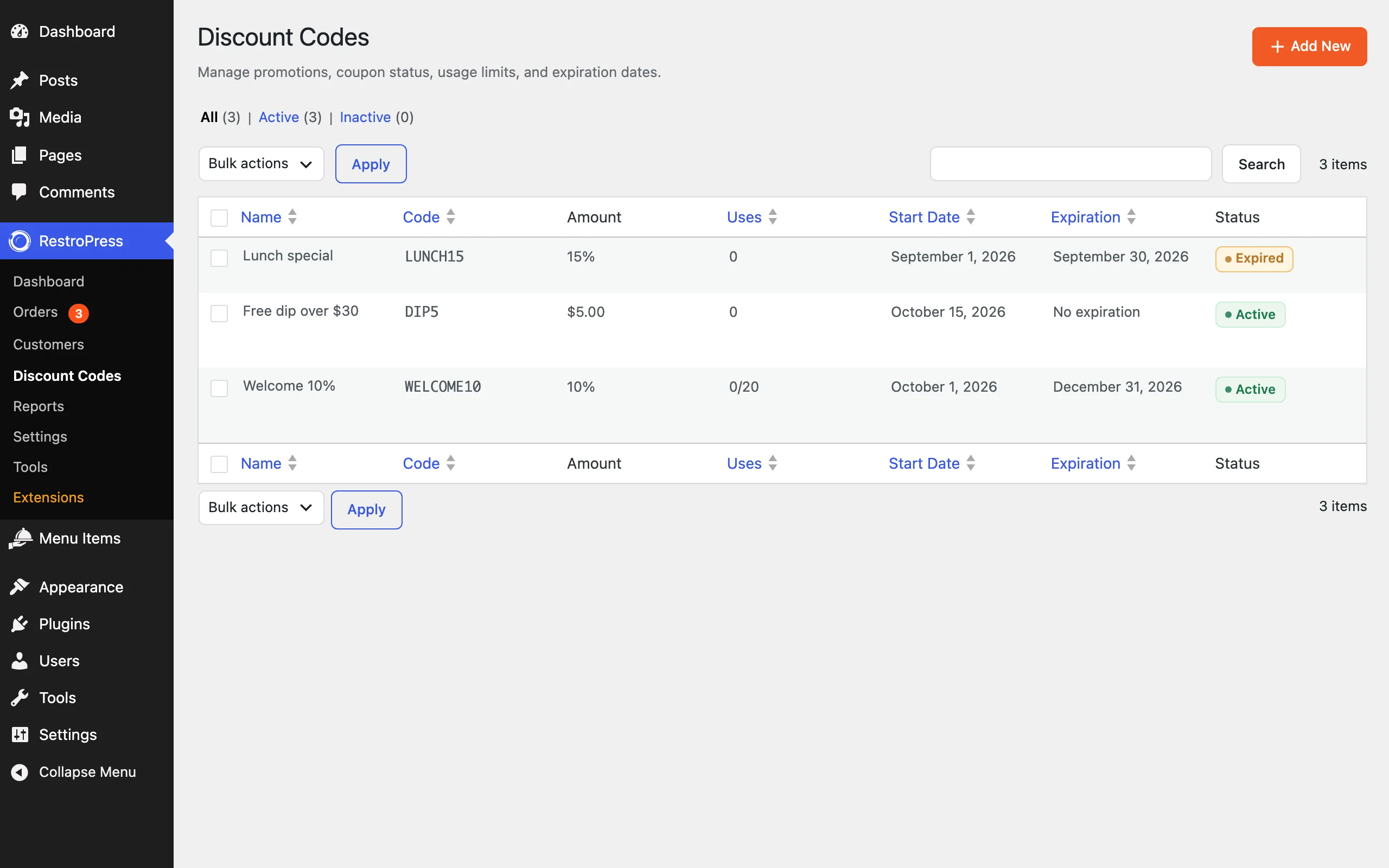 The Discount Codes screen