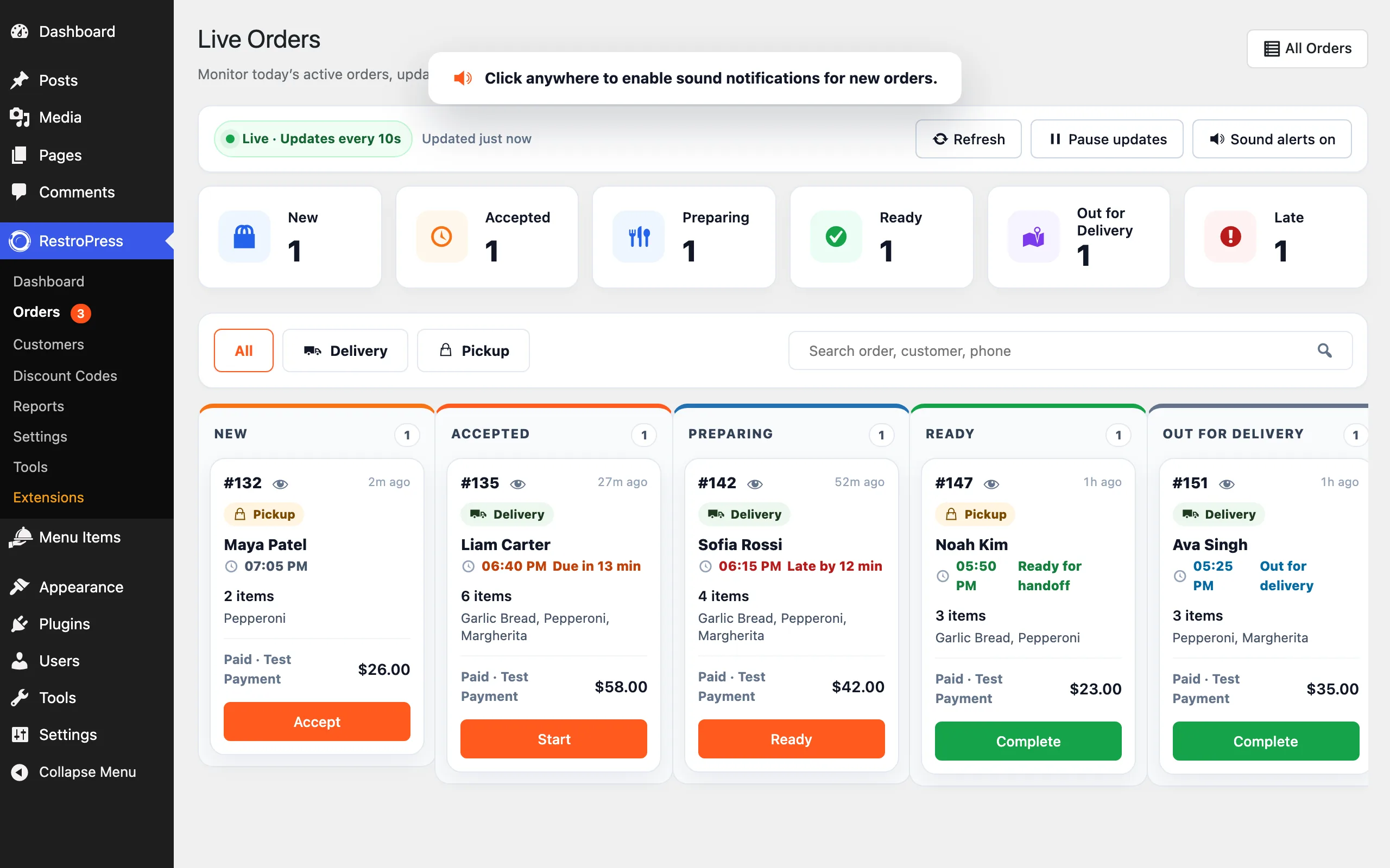 The Live Orders board with columns for New, Accepted, Preparing, Ready and Out for Delivery