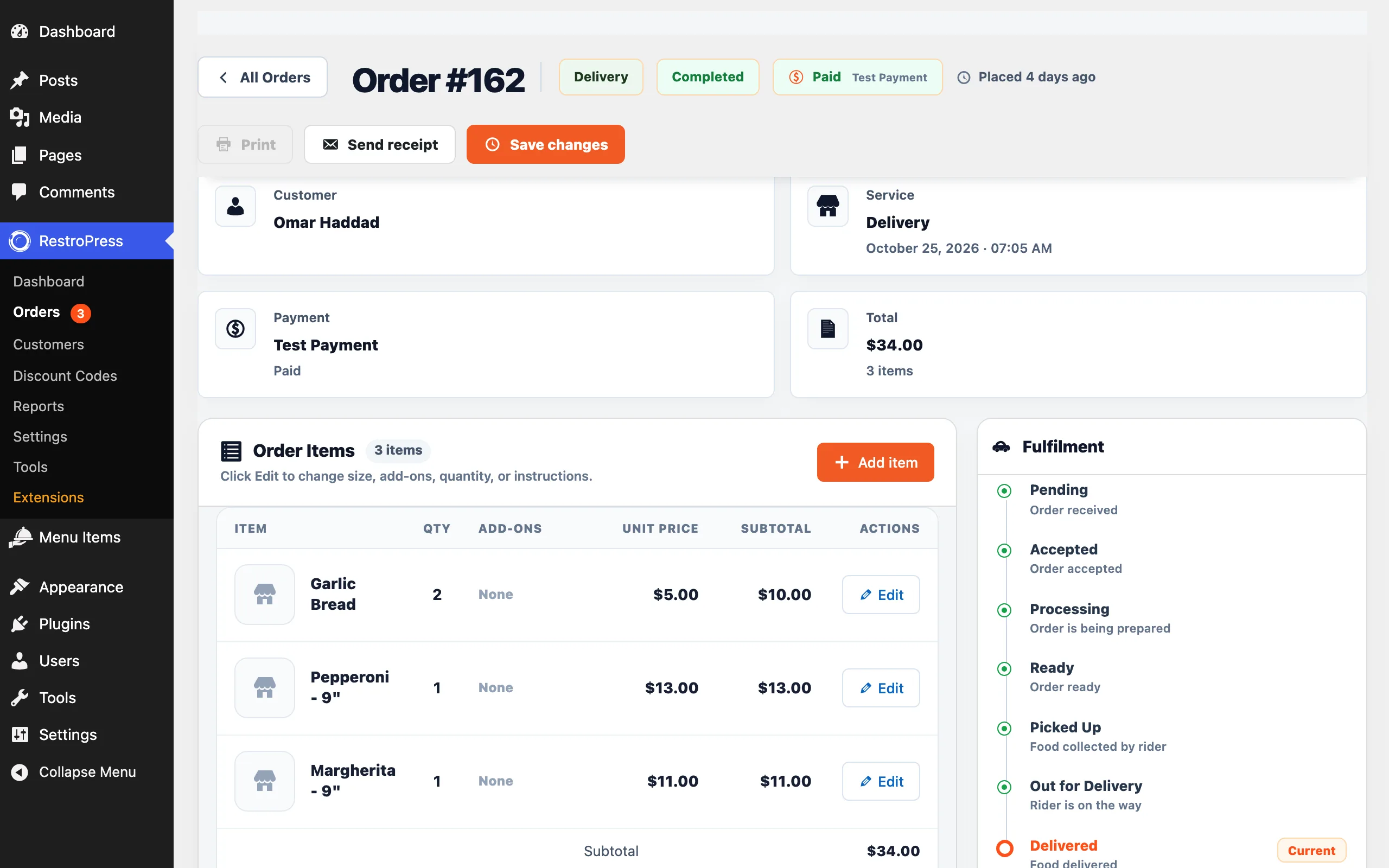 A single order with items, fulfilment steps, payment, customer details and notes