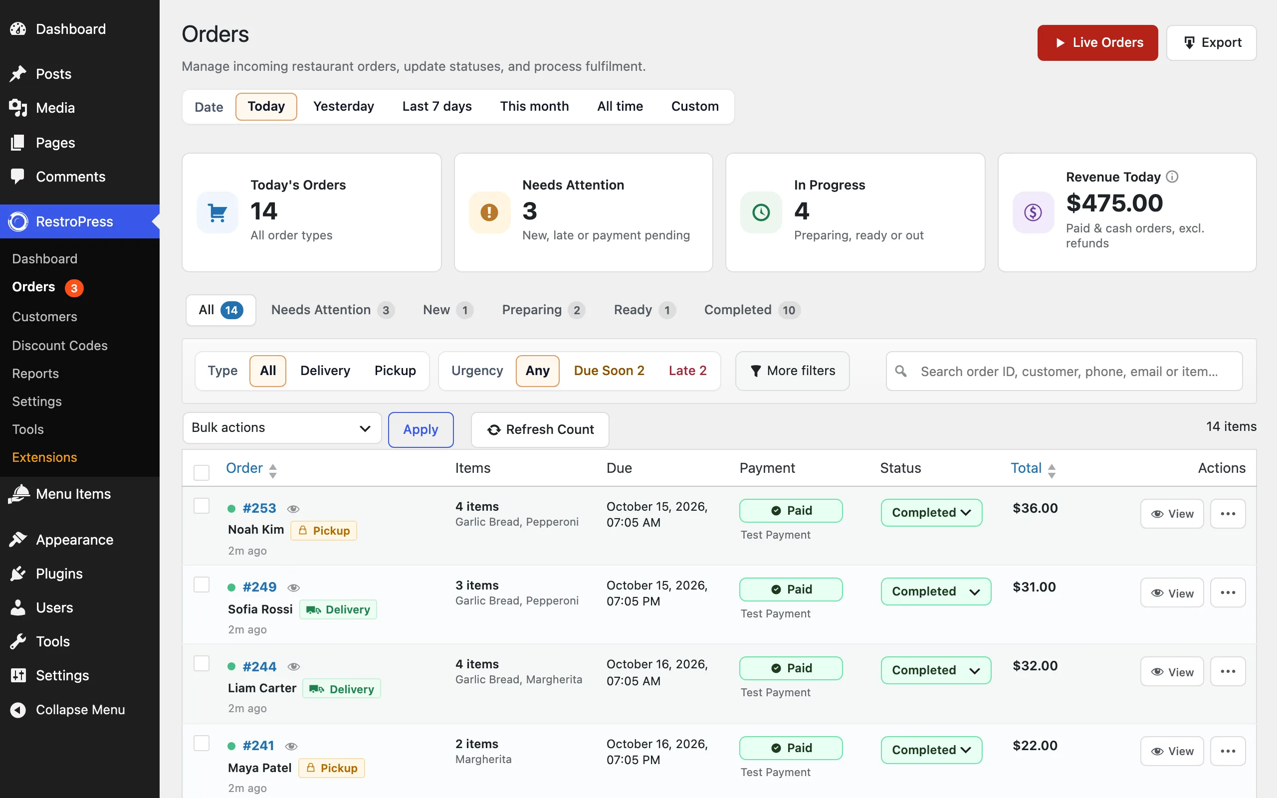The Orders screen with today's summary cards, status tabs and filters