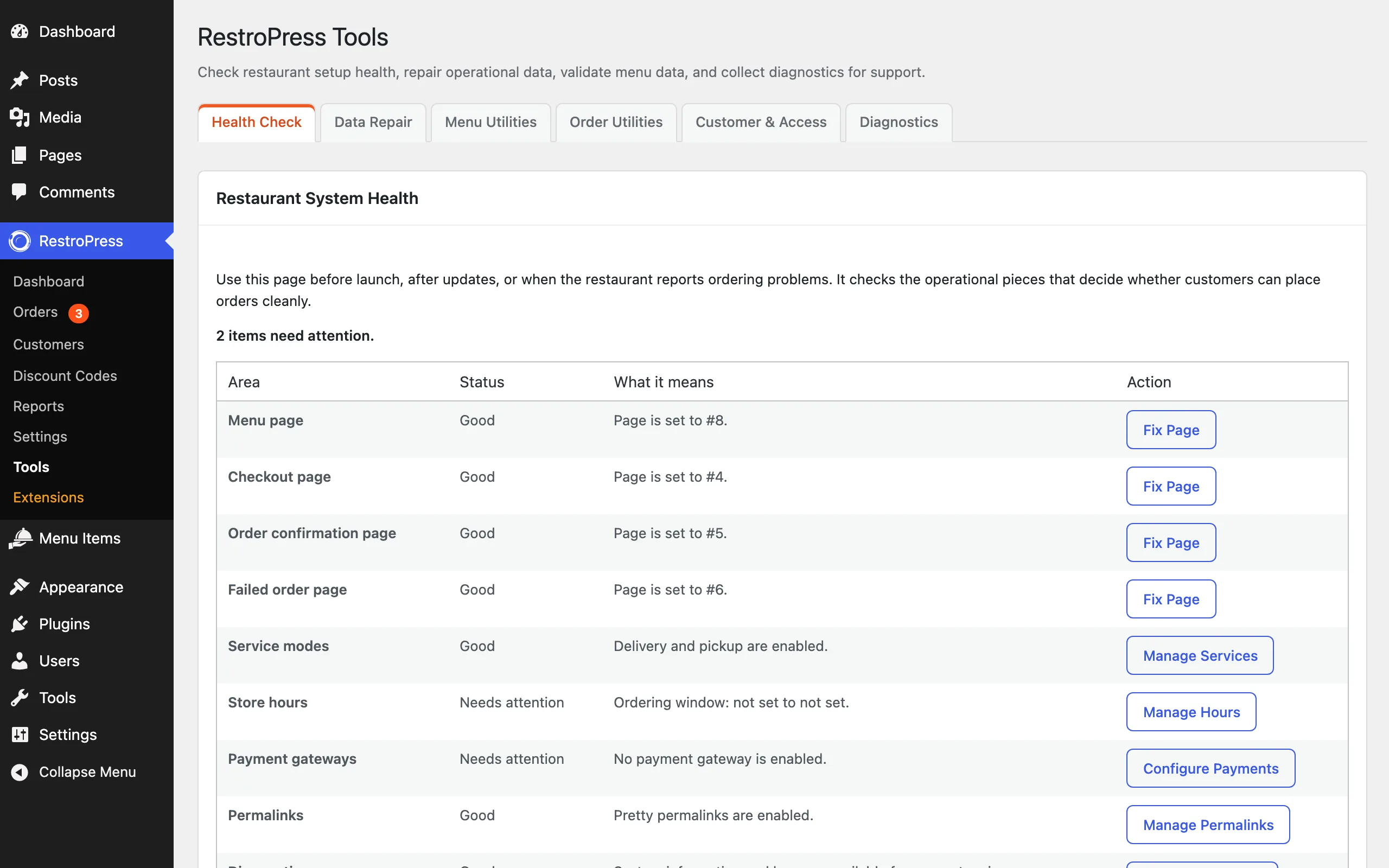 The Tools screen on the Health Check tab