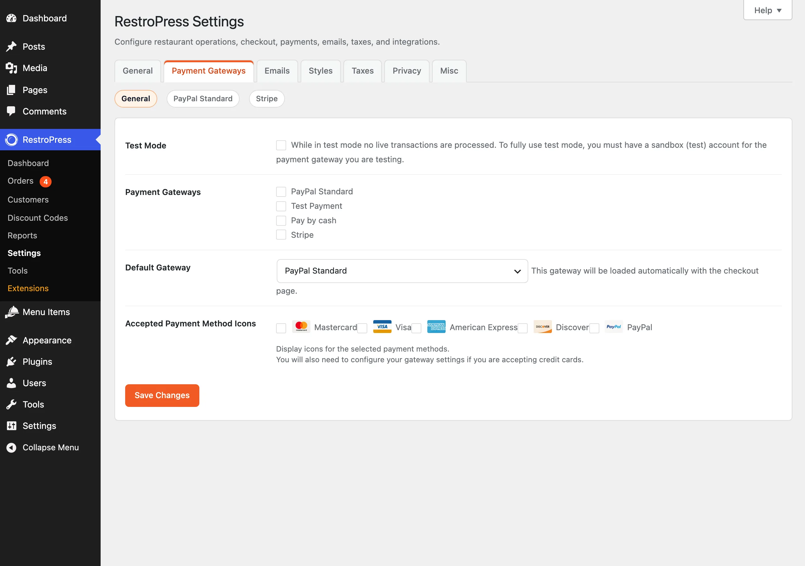 The Payment Gateways list with Pay by cash and Test Payment