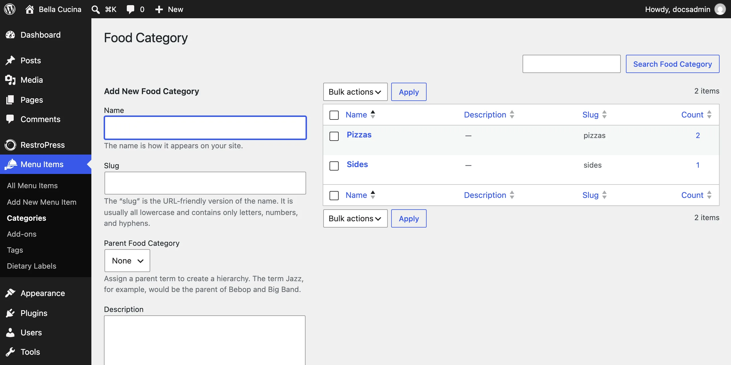 The Categories screen
