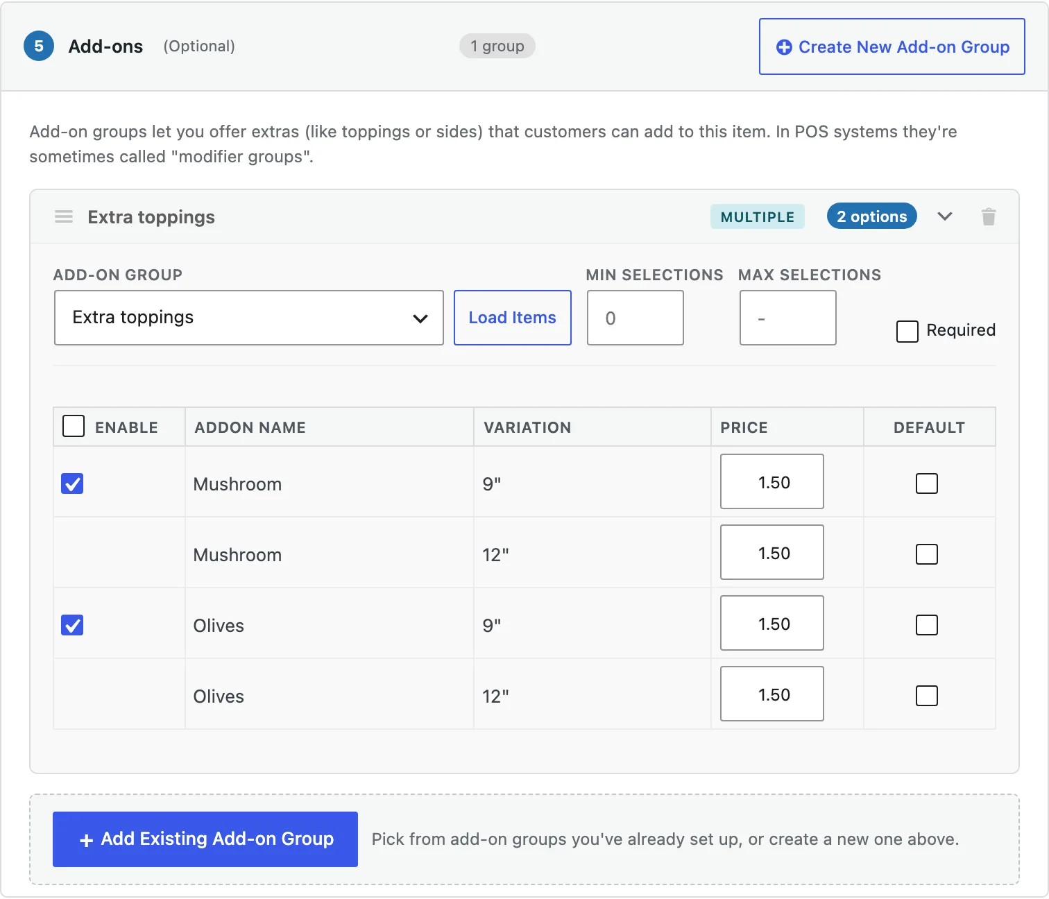 Add-ons section with the Extra toppings group, its options and prices