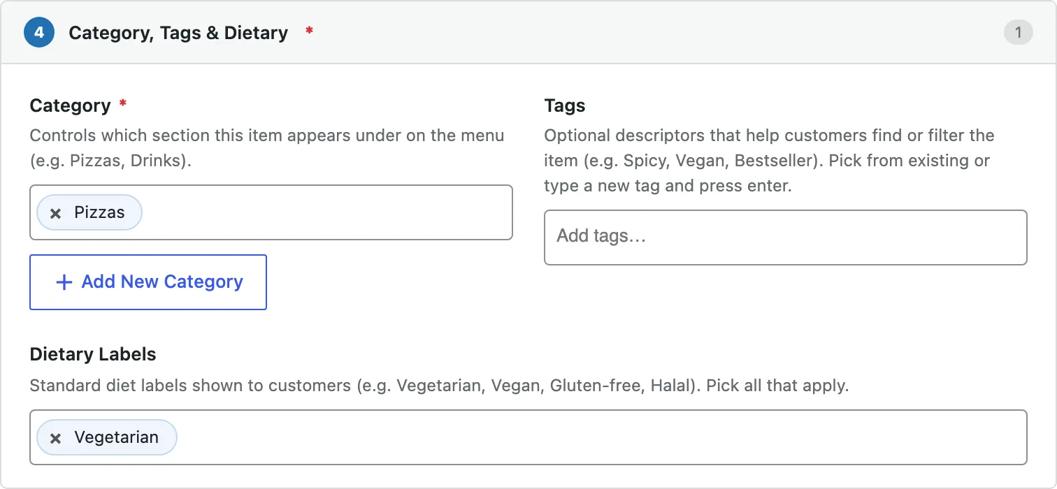 Category, Tags & Dietary section