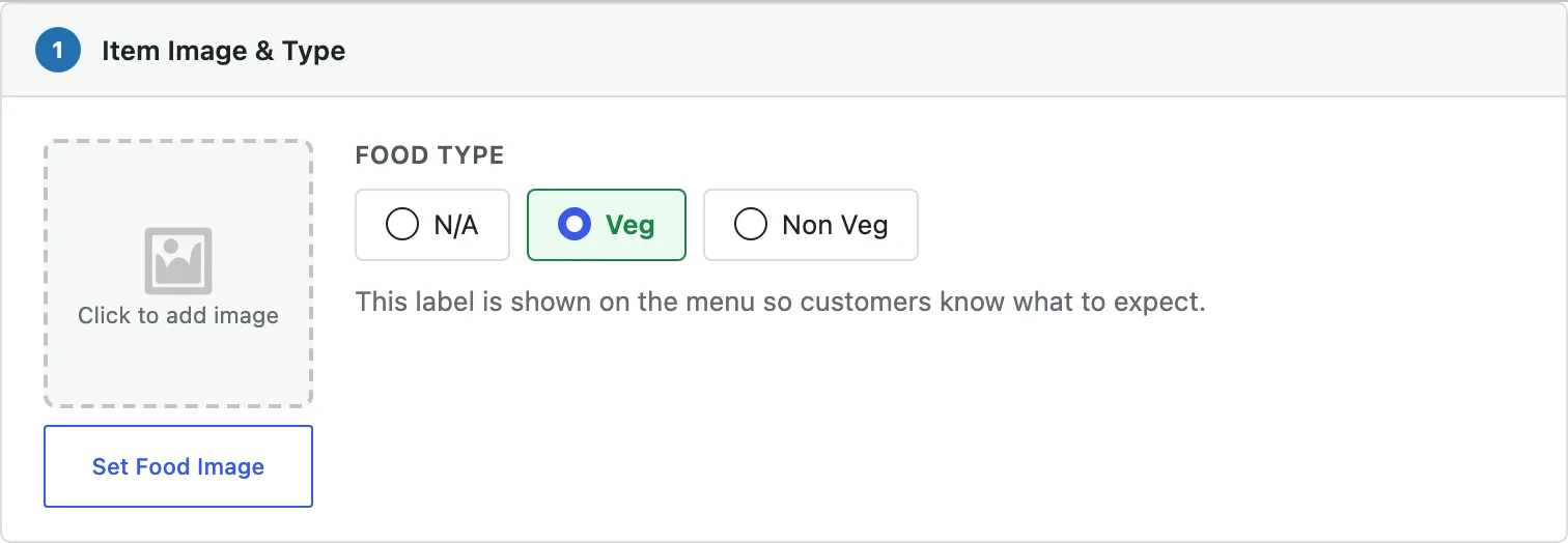 Item Image & Type section with the Food Type options