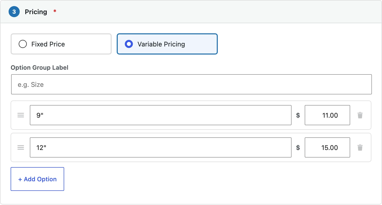 Pricing section with Variable Pricing selected and two size options