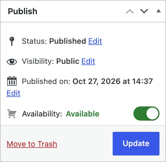 Publish box with the Availability switch