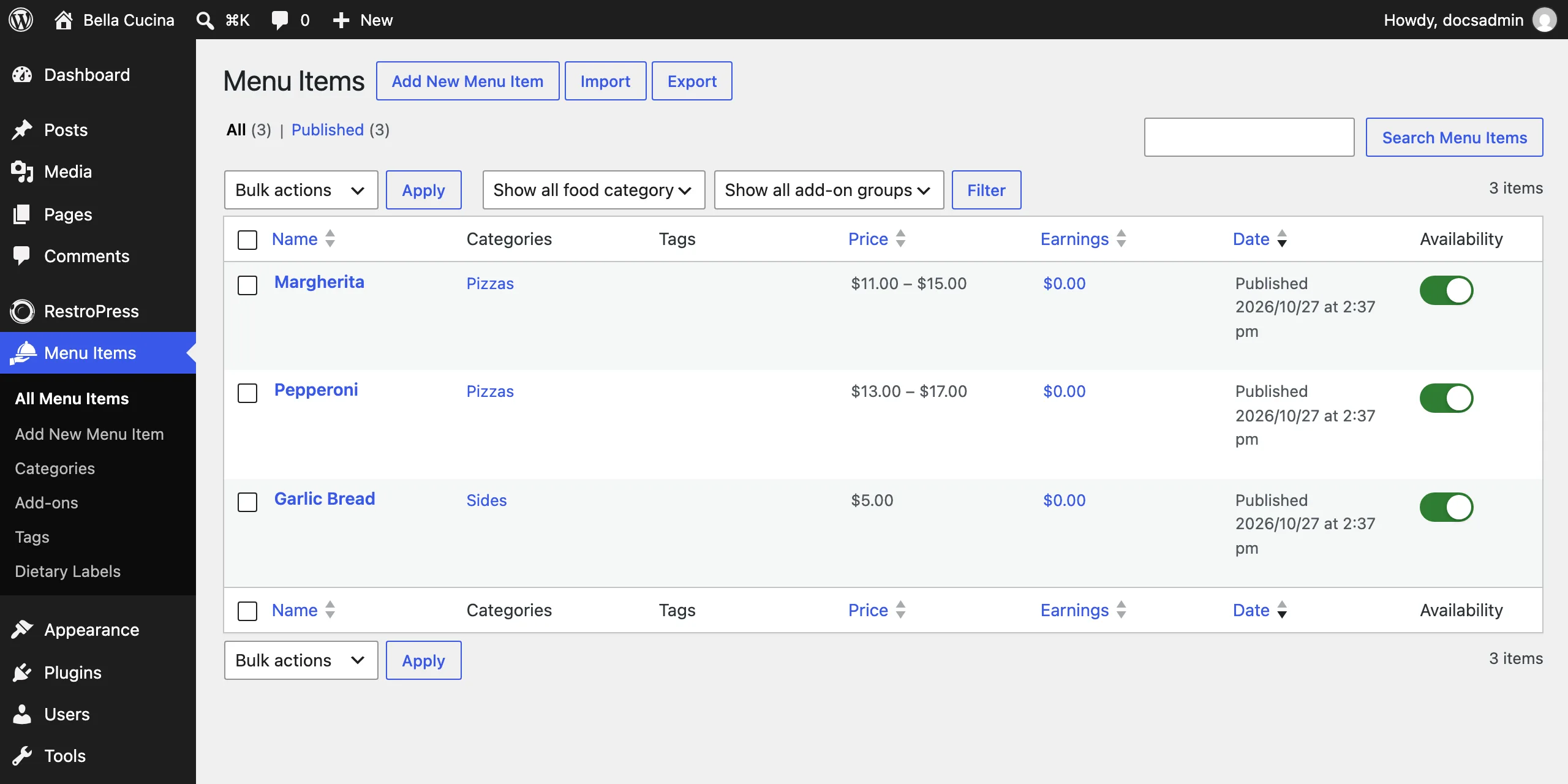 The All Menu Items list