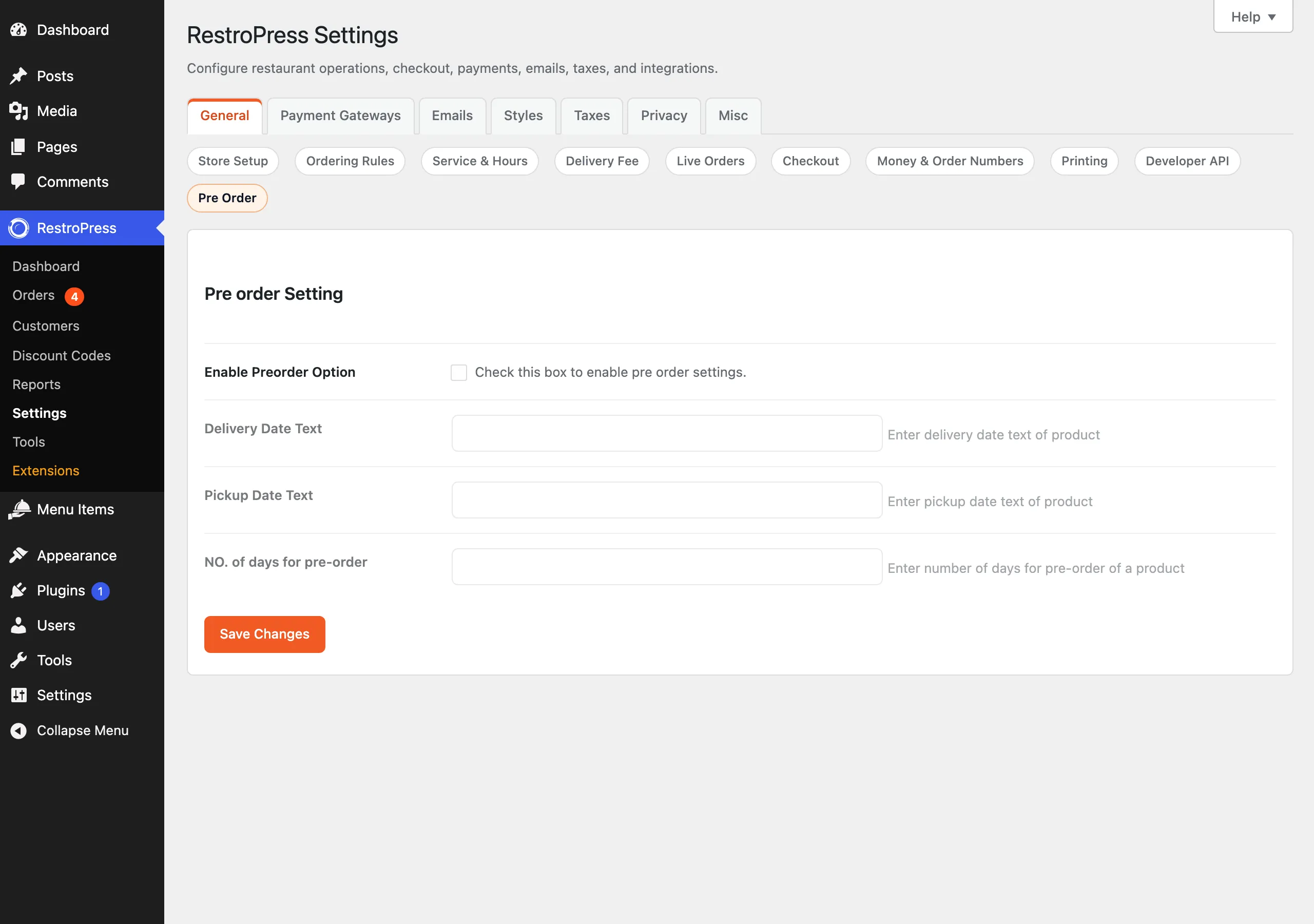 The Pre Order section in RestroPress general settings