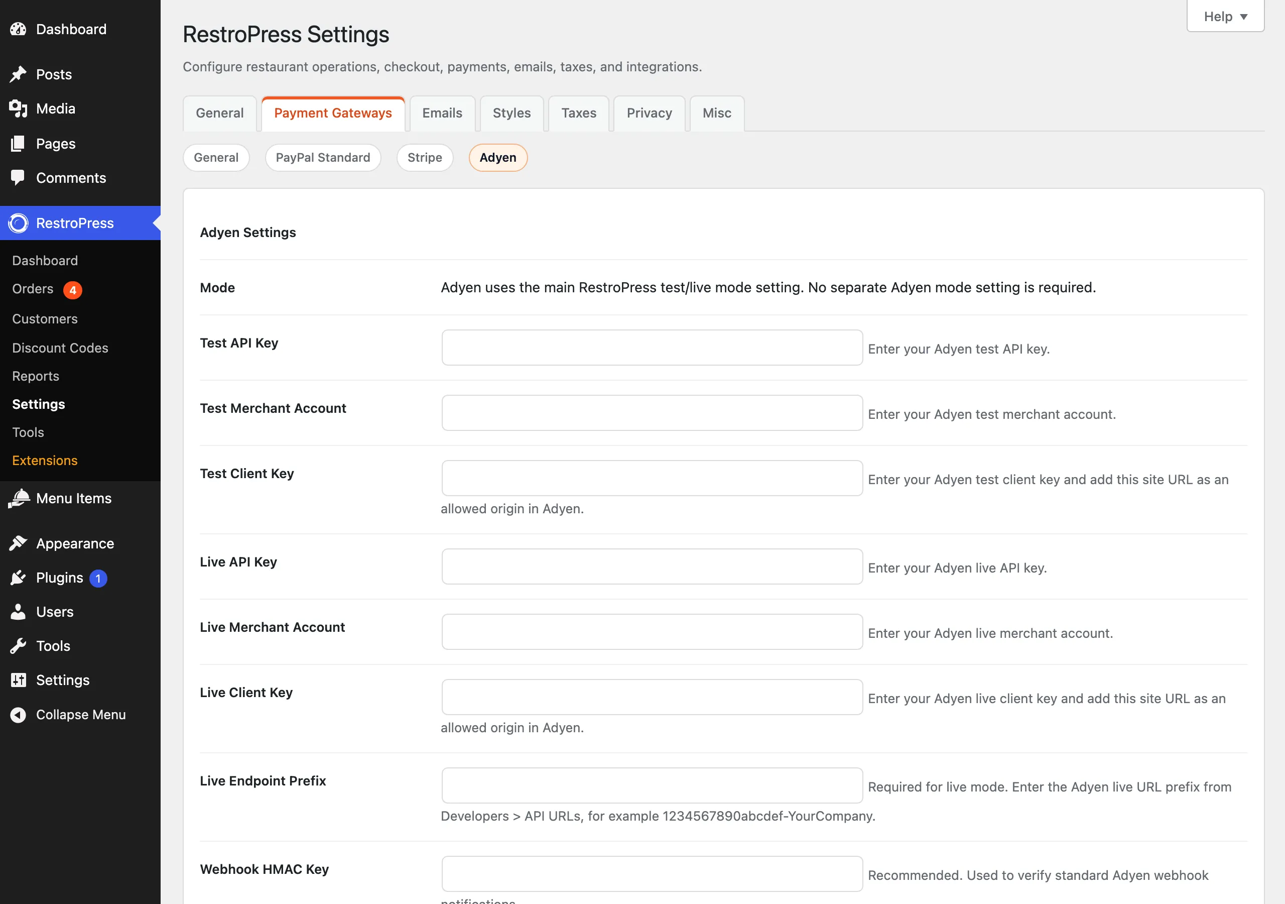Adyen settings section