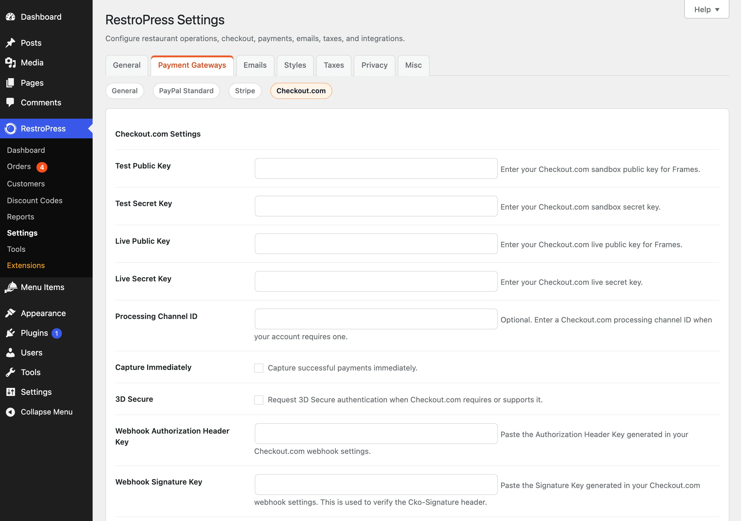 The Checkout.com section of the RestroPress payment gateway settings