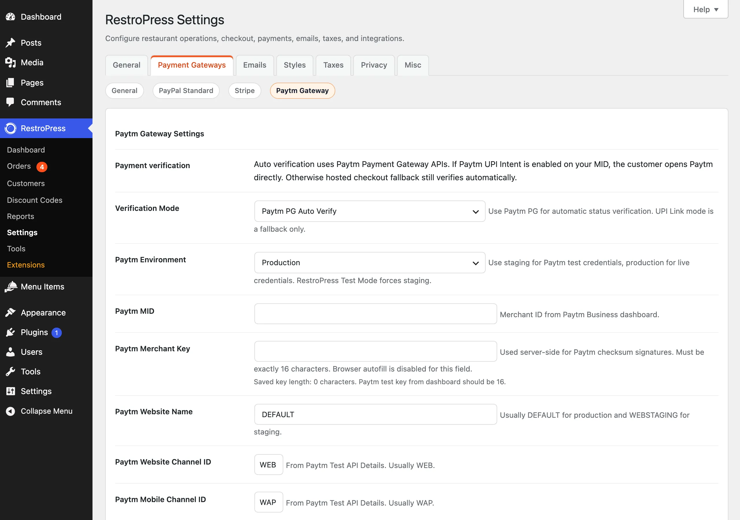 Paytm Gateway settings section