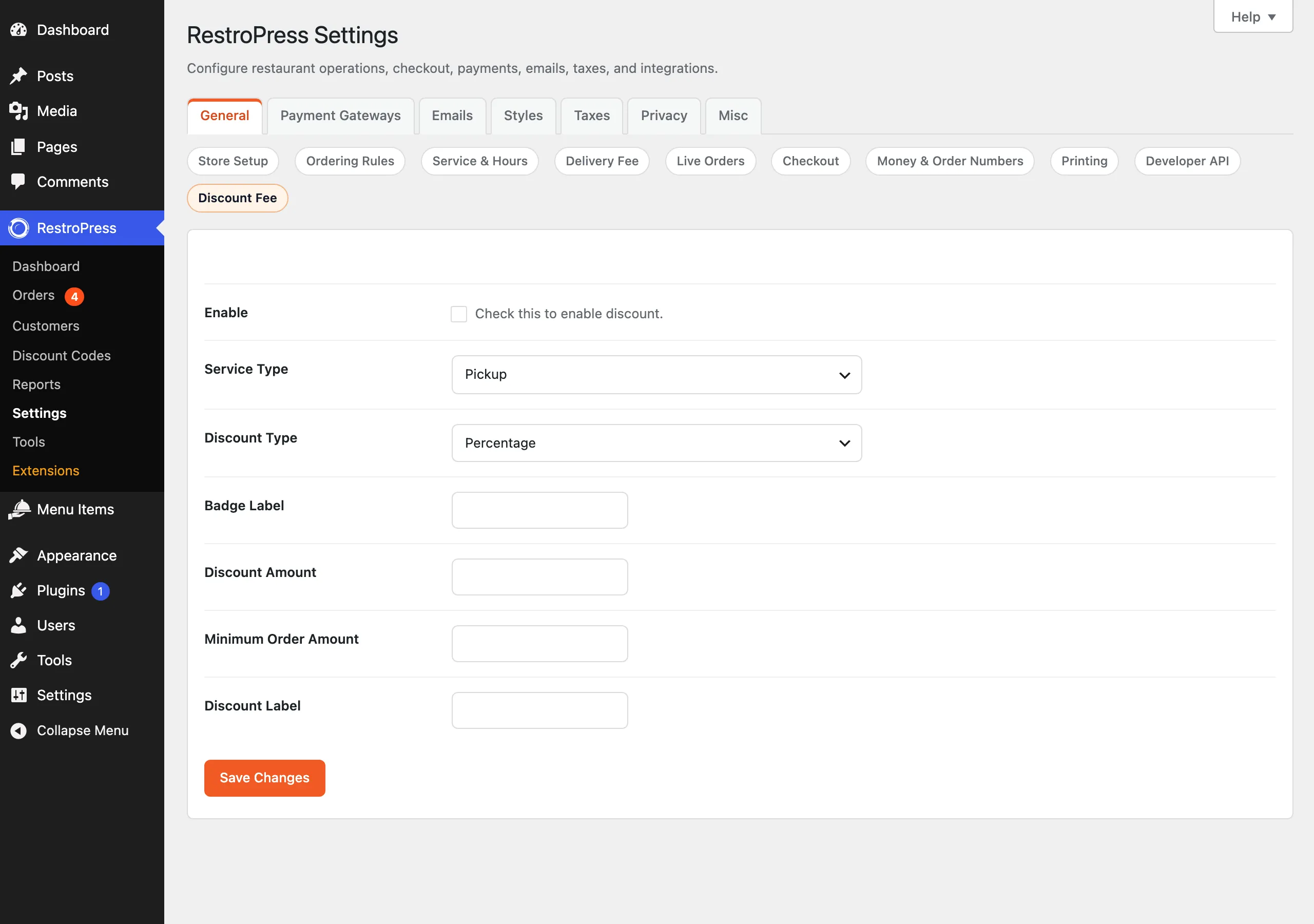 The Discount Fee settings section