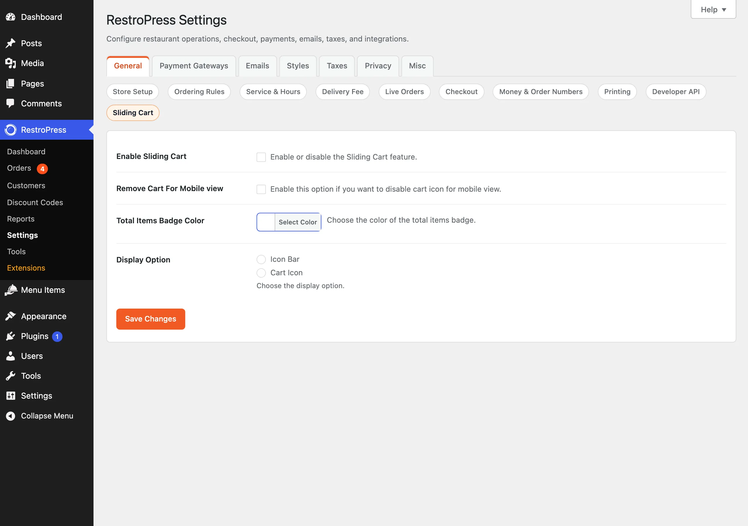 The Sliding Cart section of RestroPress general settings