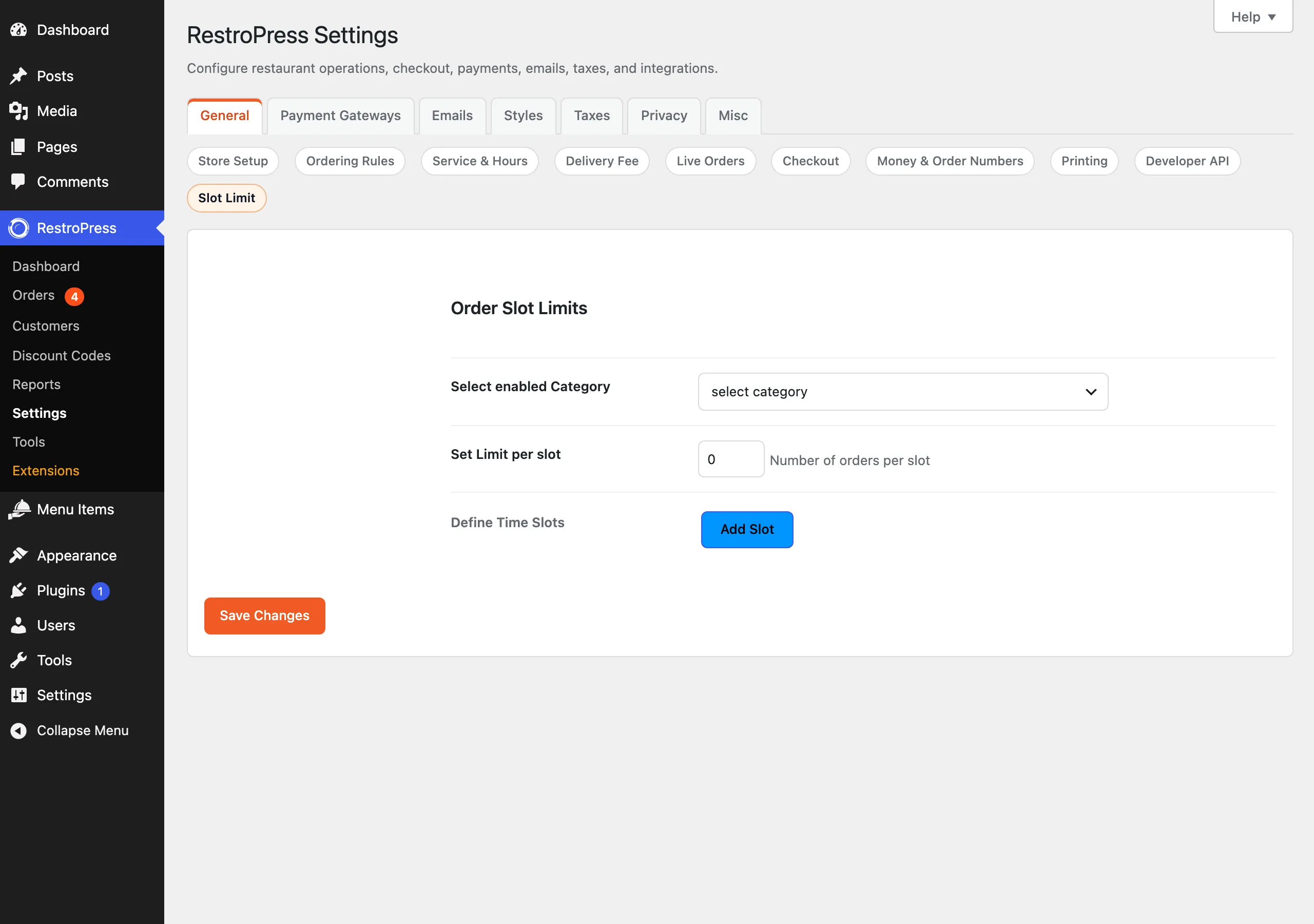 Slot Limit settings with category, default limit and slot rows