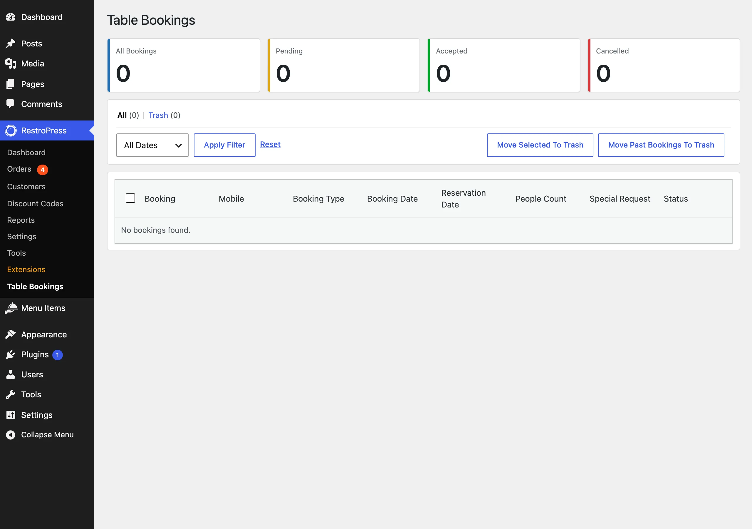 The Table Bookings admin page