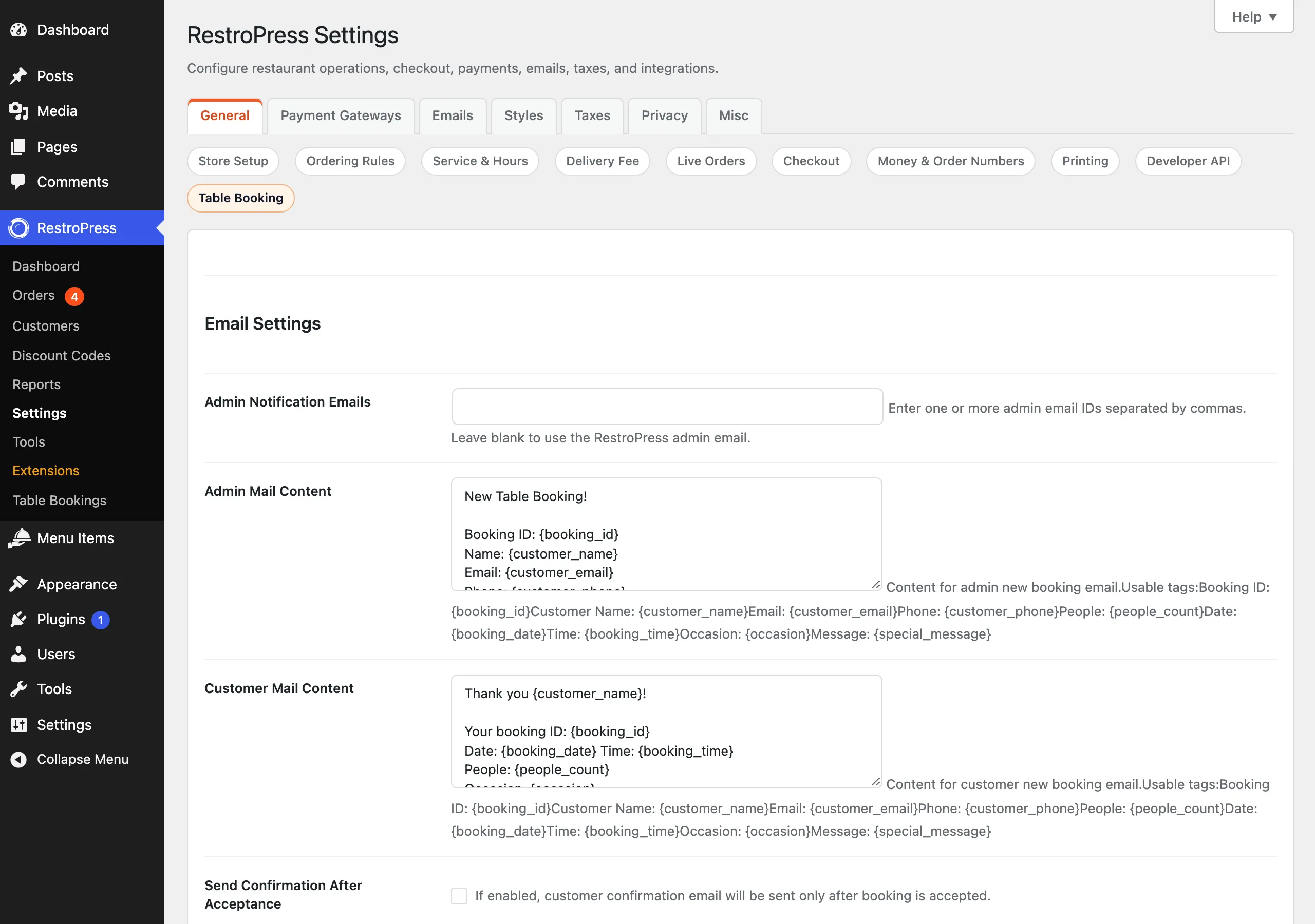 The Table Booking settings section
