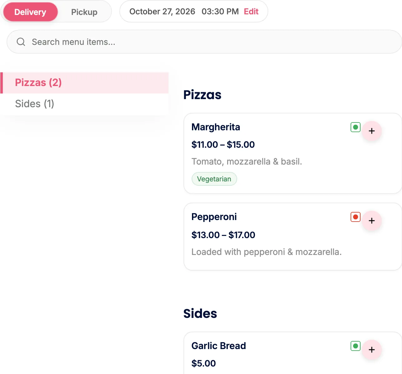 The menu page showing Pizzas and Sides with prices, descriptions and dietary labels