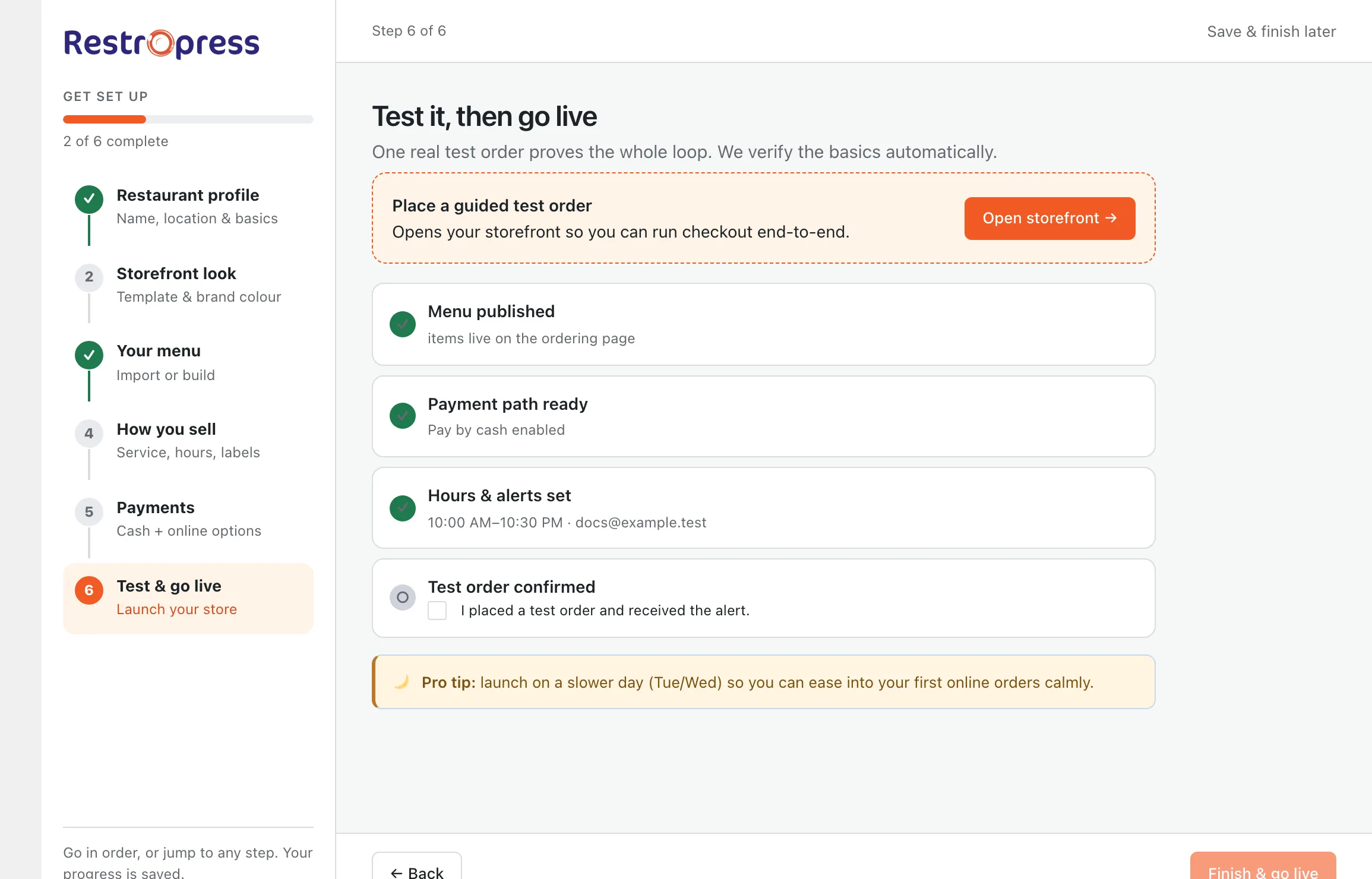 Setup wizard step 6, Test and go live