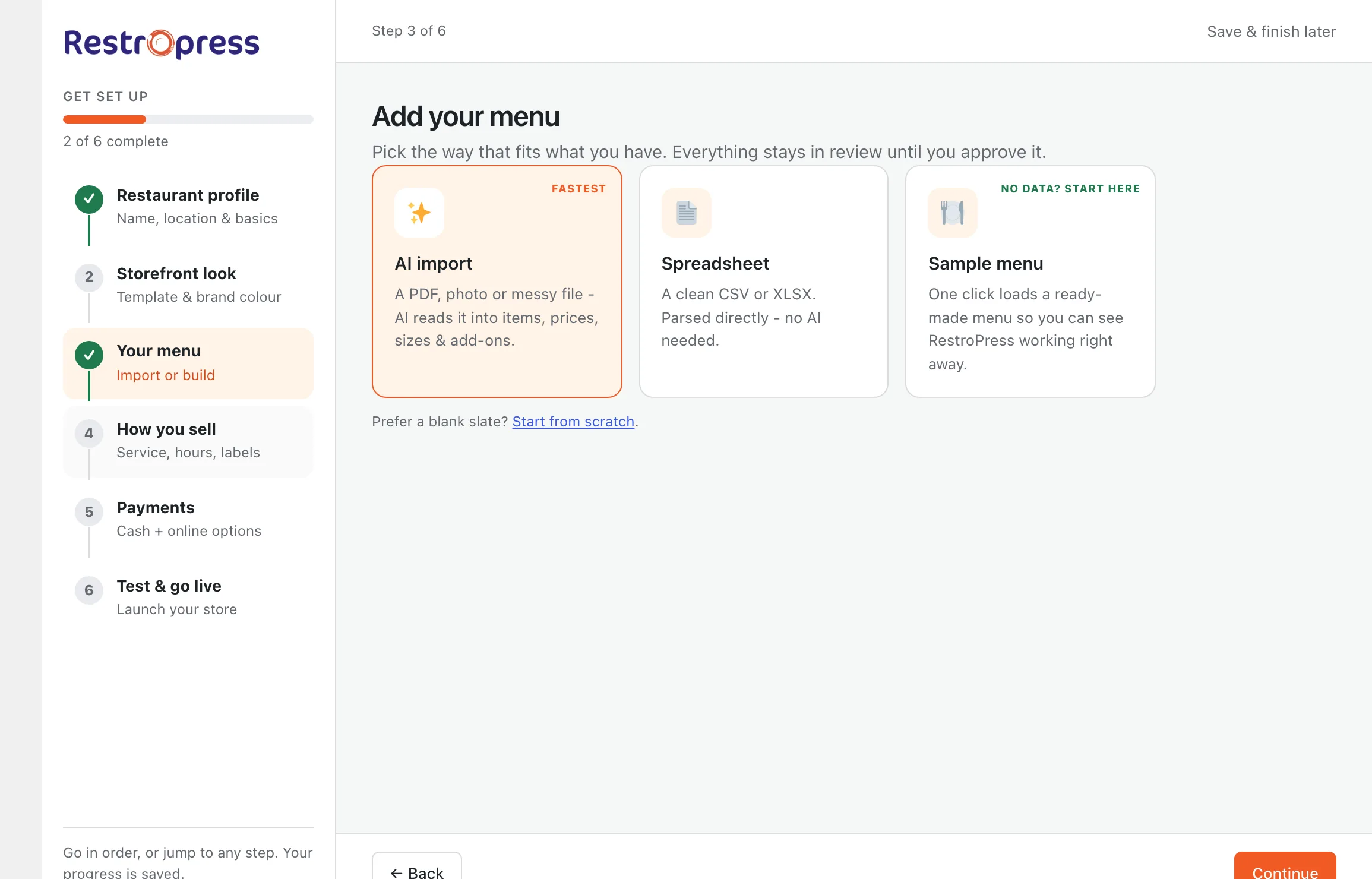 Setup wizard step 3, Your menu, with AI import, Spreadsheet and Sample menu