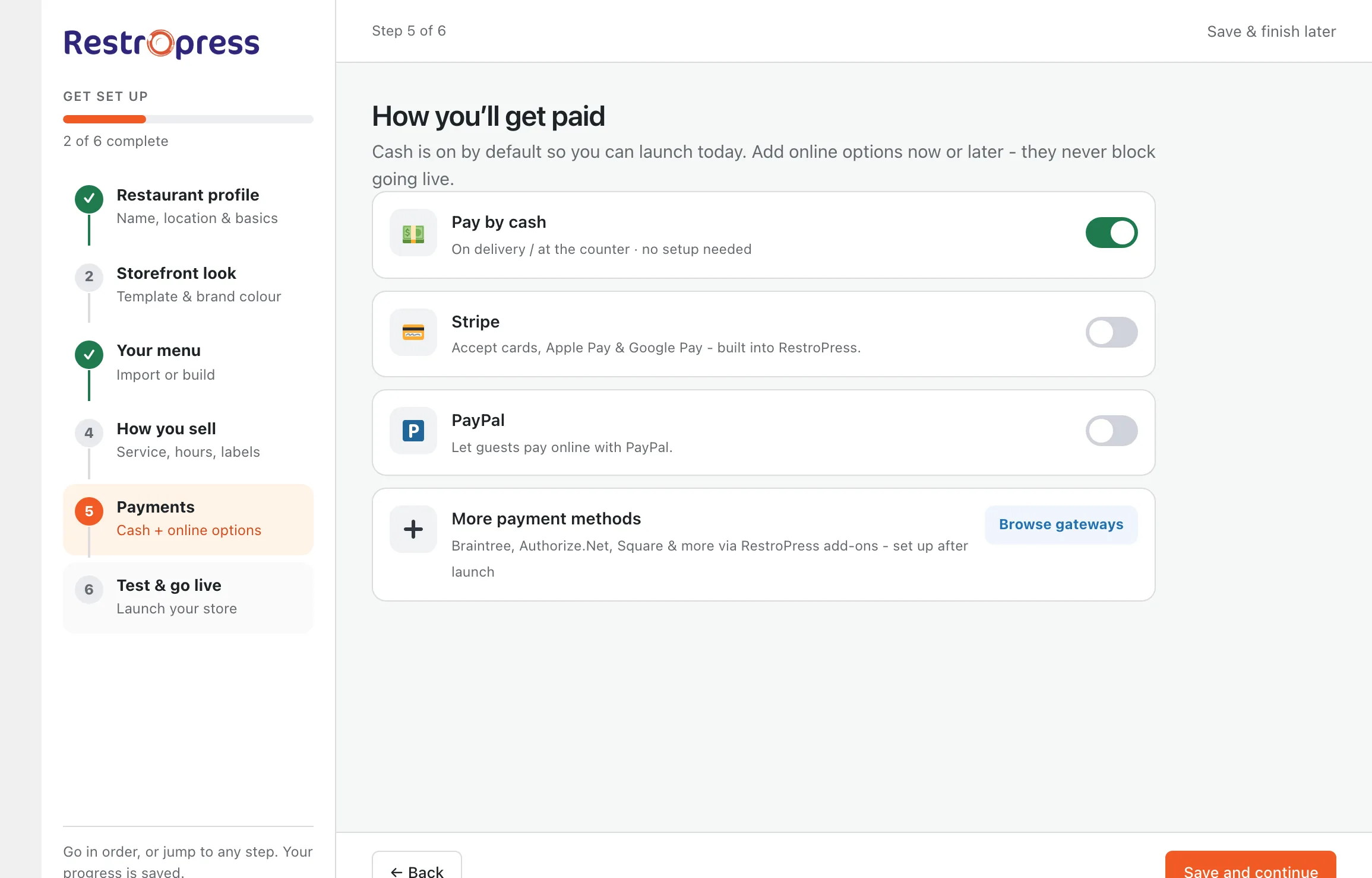 Setup wizard step 5, Payments