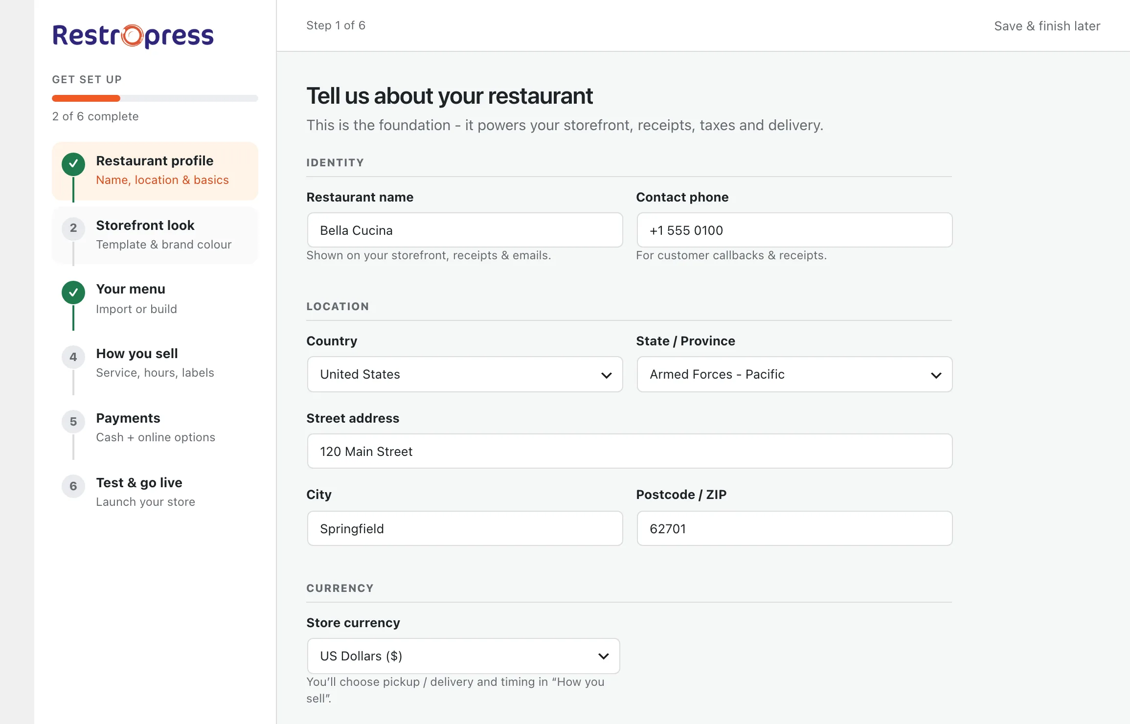 Setup wizard step 1, Restaurant profile