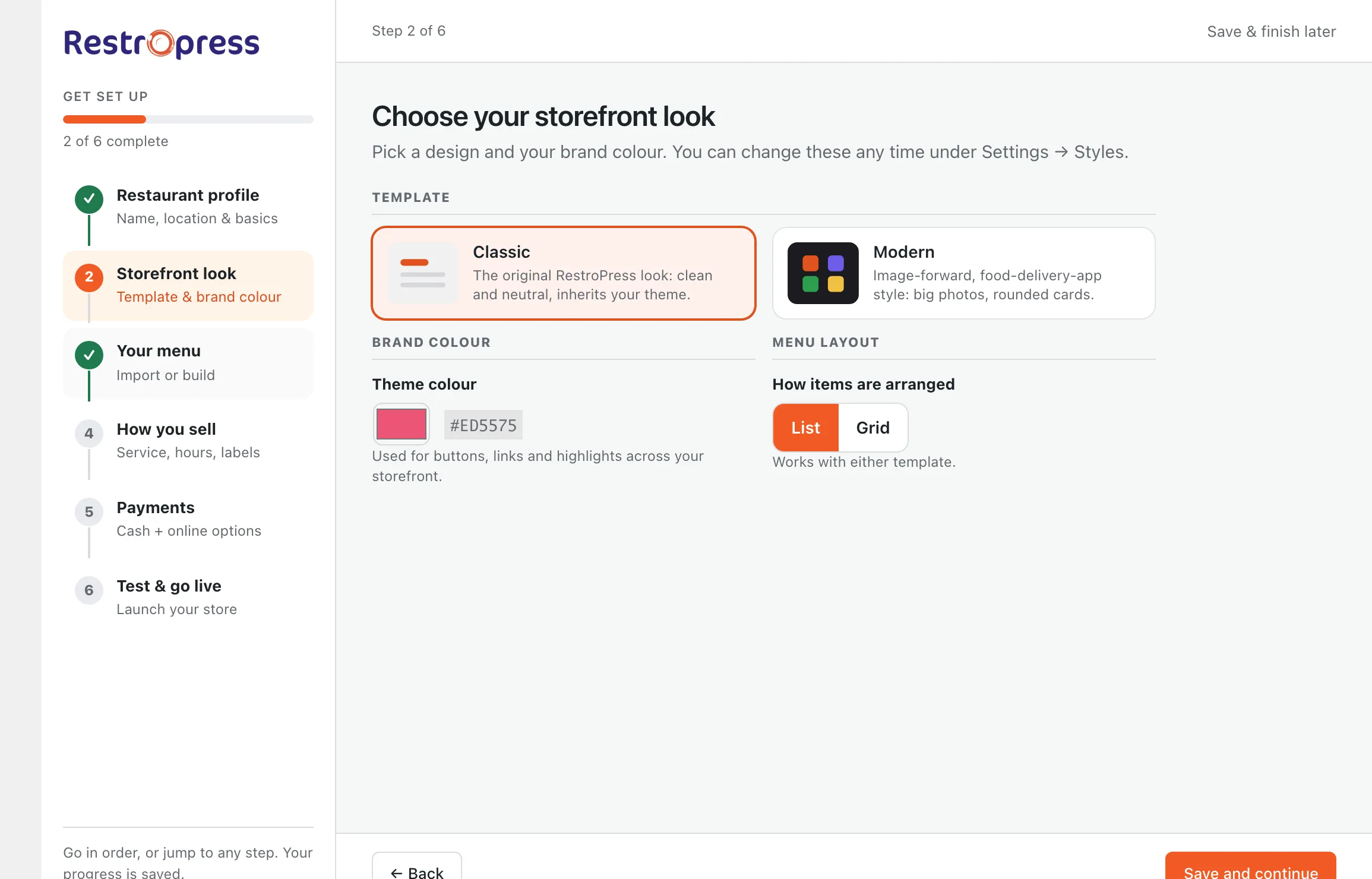 Setup wizard step 2, Storefront look, with the Classic and Modern templates